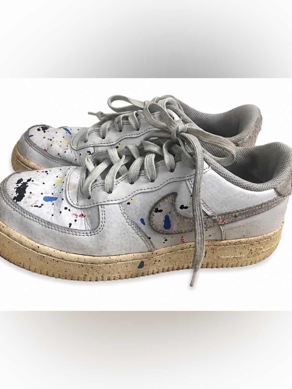 Nike Kids White Sneakers with Gray Swoosh and Multicolor Paint Splatter
